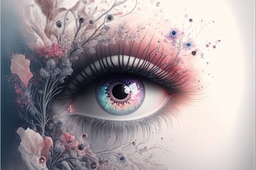  a close up of a person's eye with flowers and leaves around it and a pink flower in the center of...