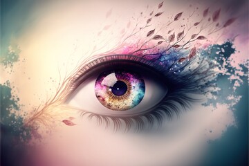  a close up of a person's eye with a colorful background and leaves on it, with a splash of paint...