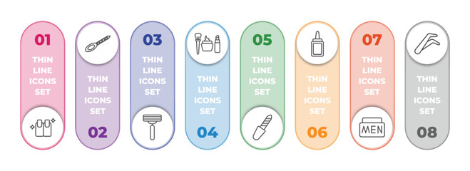 beauty infographic element with outline icons and 8 step or option. beauty icons such as finger with nail, nail file, disposable razor, women makeup, pedicure, aplicator bottle, men cream, tweezers