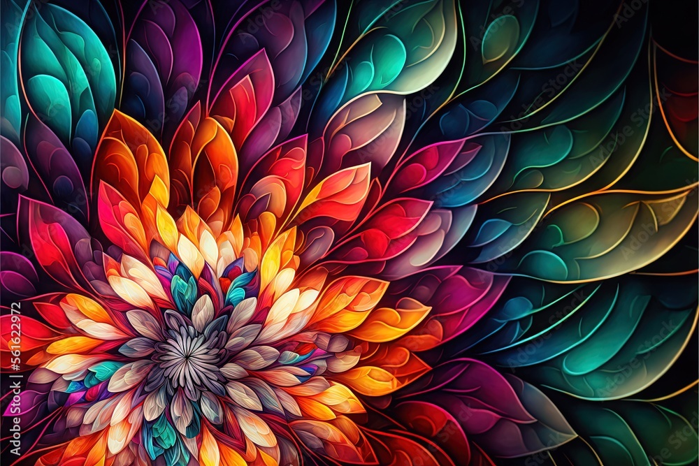 Wall mural a colorful flower with many leaves on it's petals and petals are arranged in a circular pattern on a