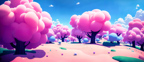 A fairy tale landscape full of sweets, candies, and cotton candy creates a whimsical and fantastical scene. Generative AI