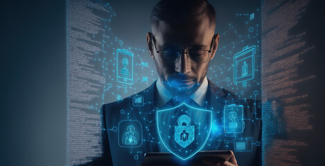 Businessman holding a Shield with a padlock in his hand on a global network connection. Digital lock icon, cyber security network and data protection technology on virtual interface screen. AI