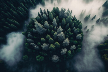 Beautiful foggy dark green forest, top view, aerial photography. Fantasy forest landscape. AI