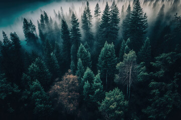 Fototapeta na wymiar Beautiful foggy dark green forest, top view, aerial photography. Fantasy forest landscape. AI