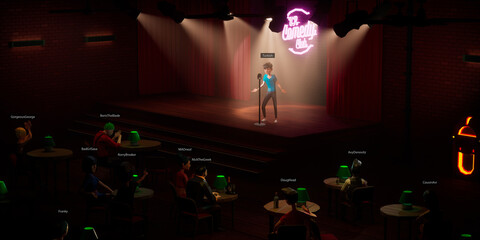 People playing as avatars watching live comedian performing stand-up monologue on a stage VR comedy club in metaverse