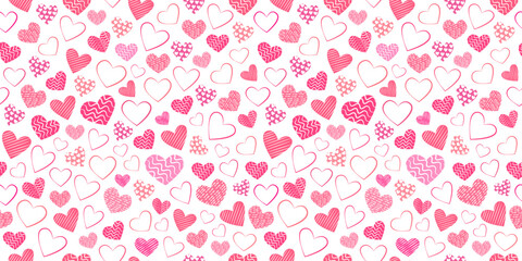 Seamless background with different stylized hearts. Background for Valentine's Day, birthday or wedding. Pink hearts on a white background