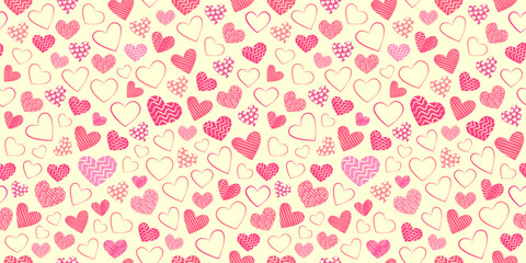 Seamless background with different stylized hearts. Background for Valentine's Day, birthday or wedding. Pink hearts on a yellow background