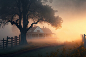 Country ranch, big wooden house, horse paddock, foggy morning at the ranch, dawn, big trees. Fantasy landscape. AI