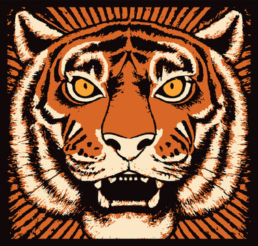Tiger face in comic vintage poster style