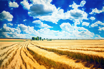 Fototapeta premium Beautiful summer landscape showing wheat fields with blue sky and white clouds on a sunny day, art illustration 