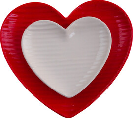 Two plates in heart shape in red and white color close up isolated - 561625389