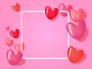 Valentines day square frame with 3d hearts. Love design. Romantic invitation or sale offer promo. Vector illustration.