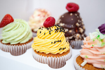 Colorful cupcakes with cream frosting and berries on top. Party box with fruit and berry muffins. Assorted cupcakes