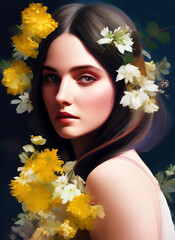 Colorful painting of a beautiful woman's face, Portrait of a beautiful woman with flowers. Generative AI