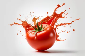 Fotobehang Close up red delicious fresh tomato with splashing tomato juice on white background. Food photography. With clipping path. Full depth of field. © Carkhe