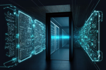 Hi-tech tunnel with database.Virtual digital space, data center. Information transfer, digital future, information storage and ordering system. AI