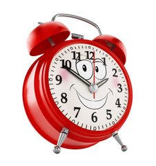 Alarm clock with a smiling face on transparent background.