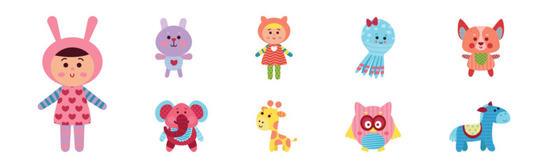 Sewed Stuffed or Fluffy Toys with Animal and Doll Vector Set