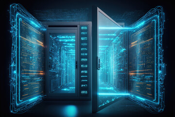 Hi-tech tunnel with database.Virtual digital space, data center. Information transfer, digital future, information storage and ordering system. AI