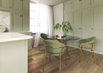 Dining room decorated in minimalist style. Kitchen interior design. Dining table with green cloth chair. White curtains on windows. Realistic 3d render. High quality 3d illustration