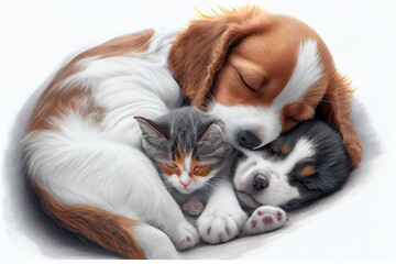 Cat and puppy friends sleeping Generative AI