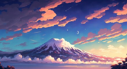 illustration numérique d'un paysage fantastique. montagne immense et nuages avec soleil et neige - obrazy, fototapety, plakaty