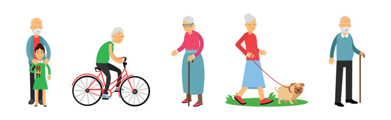 Fototapeta premium Senior Man and Woman on Retirement Spending Free Time Engaged in Hobby Activity Vector Set