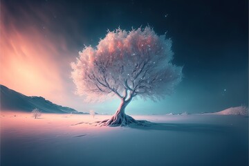 illustration réaliste d'un arbre gelé dans un paysage de neige coloré magique - obrazy, fototapety, plakaty