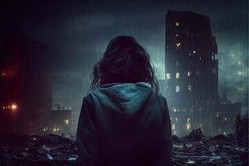 Fototapeta une femme de dos  devant une ville de nuit sous la pluie, ambiance sombre et triste obraz
