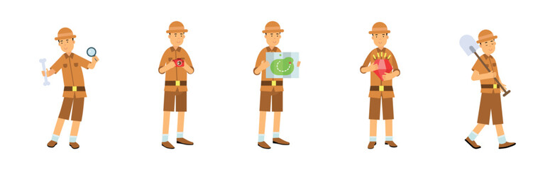 Man Archaeologist with Map and Shovel Searching for Material Remains Vector Set