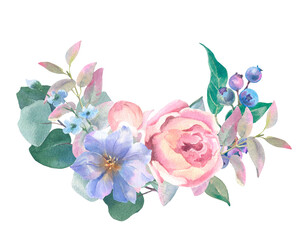 Blush Peach Watercolor roses, blue eustoma, blueberry and eucalyptus branches, isolated on white background. For the design and decoration of wedding and greeting printing, cards.
