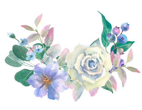Watercolor eustoma, blueberry and eucalyptus branches, isolated on white background. For the design and decoration of wedding and greeting printing, cards.