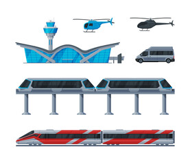 Airport control tower, terminal building, train and helicopter set cartoon vector illustration
