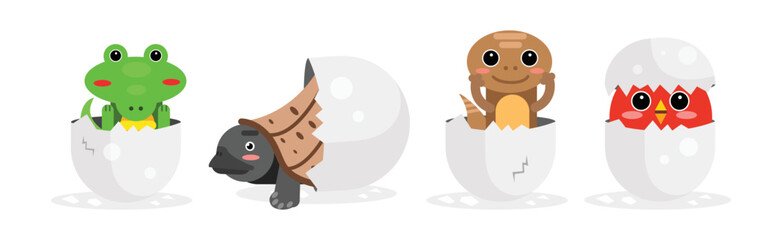 Chick and Reptile Hatching from Cracked Egg Shell Vector Set