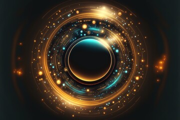 Fototapeta na wymiar Futuristic neon abstract circle, circular mart system. Science fiction disc with navigation. AI