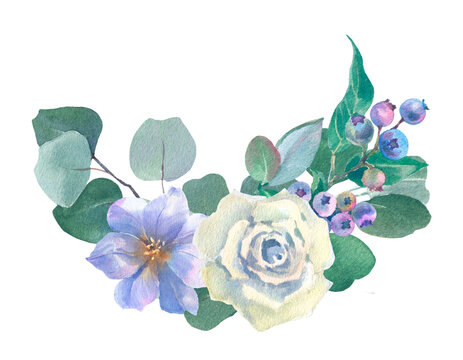 Watercolor rose, eustoma, blueberry and eucalyptus branches, isolated on white background. For the design and decoration of wedding and greeting printing.