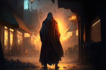 illustration de fantasy, personnage avec une cape et capuche de dos, magicien dans une ville médiévale
