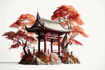 illustration 3d de portique japonais avec arbres rouges 