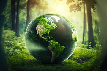 illustration numérique, globe terrestre végétal dans une forêt verte et luxuriante.