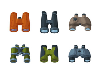 Set of binoculars optical equipment. Magnifying optical devices cartoon vector illustration