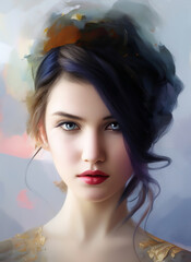 Portrait painting of a beautiful woman. Artistic Illustration of a beautiful girl. Conceptual painting. Beautiful woman painting. Generative AI