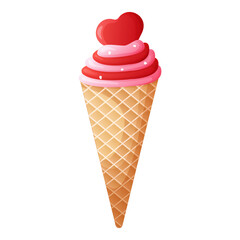 illustration for valentine's day. cute pink ice cream 
in a waffle cone. element for postcard, menu, congratulations