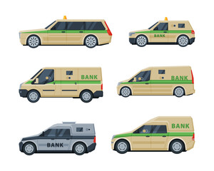 Money collector armored van cars set. Banking and transportation of valuables flat vector illustration