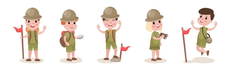 Happy Kids Scout with Flag and Backpack Hiking Enjoying Outdoor Adventure Vector Set