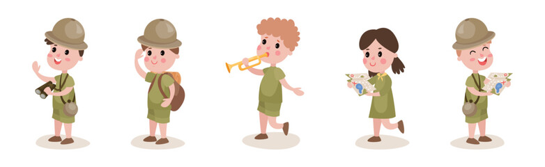 Happy Kids Scout with Map and Backpack Hiking Enjoying Outdoor Adventure Vector Set