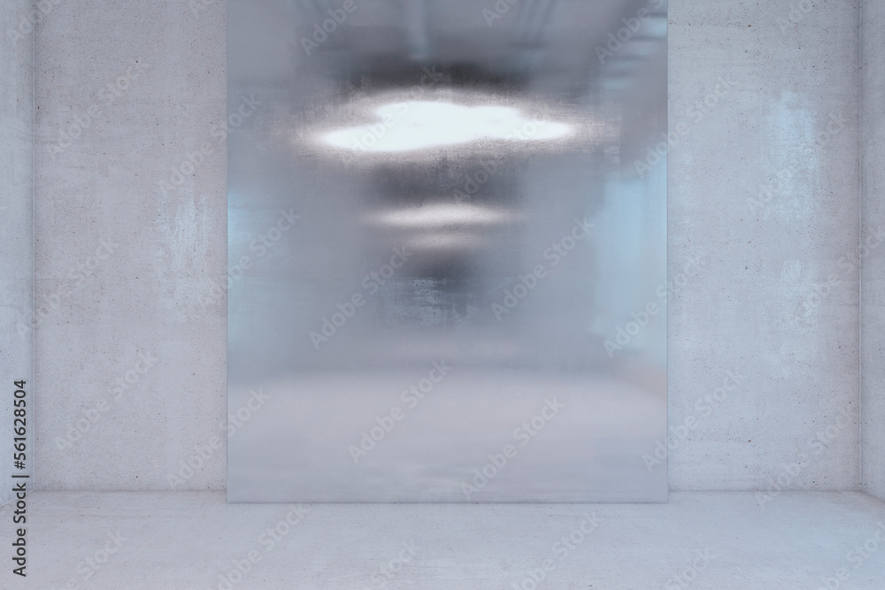 Poster creative concrete room design with reflections on wall. 3d rendering.