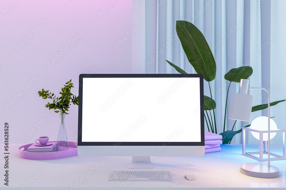 Aufkleber creative designer office desktop with empty white computer screen, decorative plant and other object