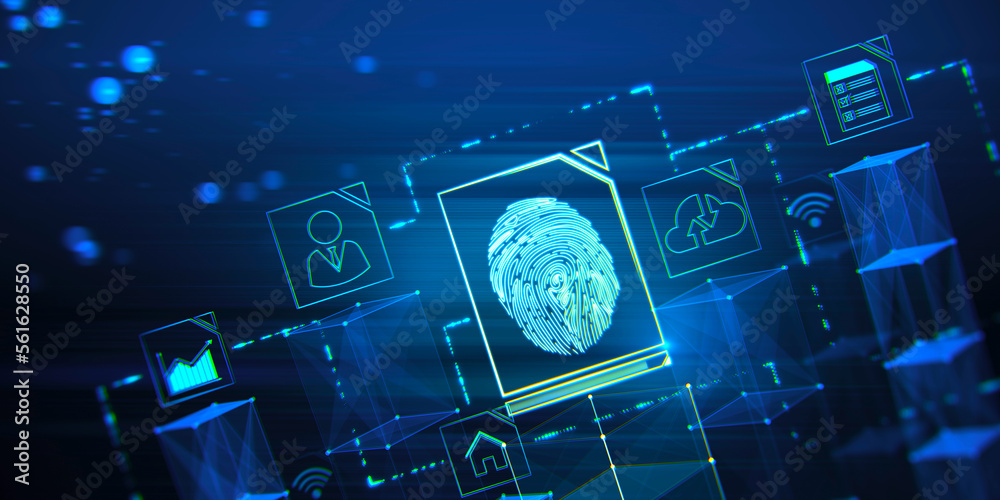 Leinwandbilder technology safety and personal data security concept with digital blue human fingerprint on abstract