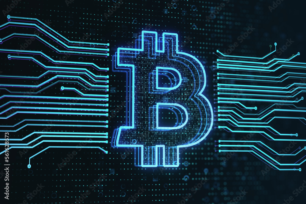 Poster Cryptocurrency, digital money transfer and investment concept with blue glowing graphic bitcoin symbol between computer microcircuit wires on abstract dark technological background. 3D rendering