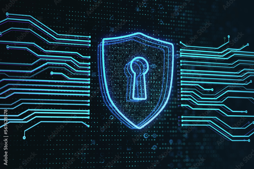 Poster Personal data and antivirus concept with digital shield with keyhole symbol between computer microcircuit wires on dark technological background. 3D rendering